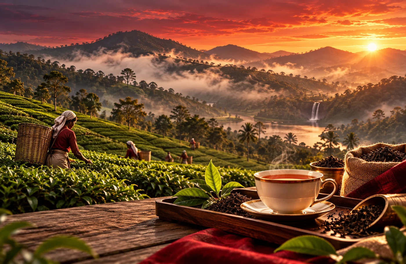 Illustrative Ceylon tea plantation and tea service